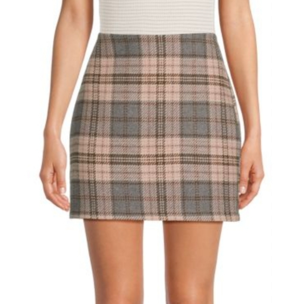 NWT Area Stars plaid mini skirt size large grey brown and pink
